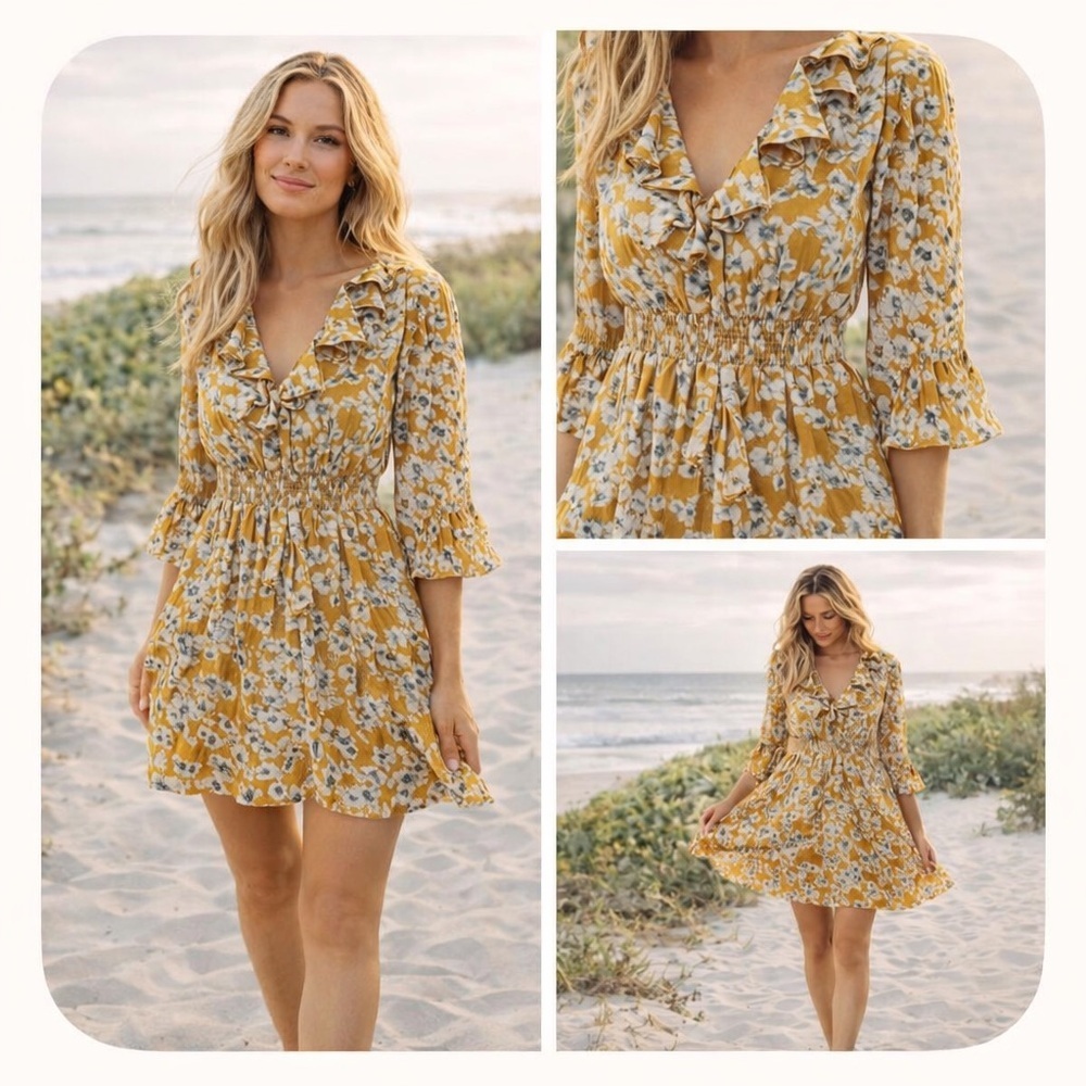 ANAMA Mustard Floral Ruffle Dress Smocked Waist Boho Mini Size L